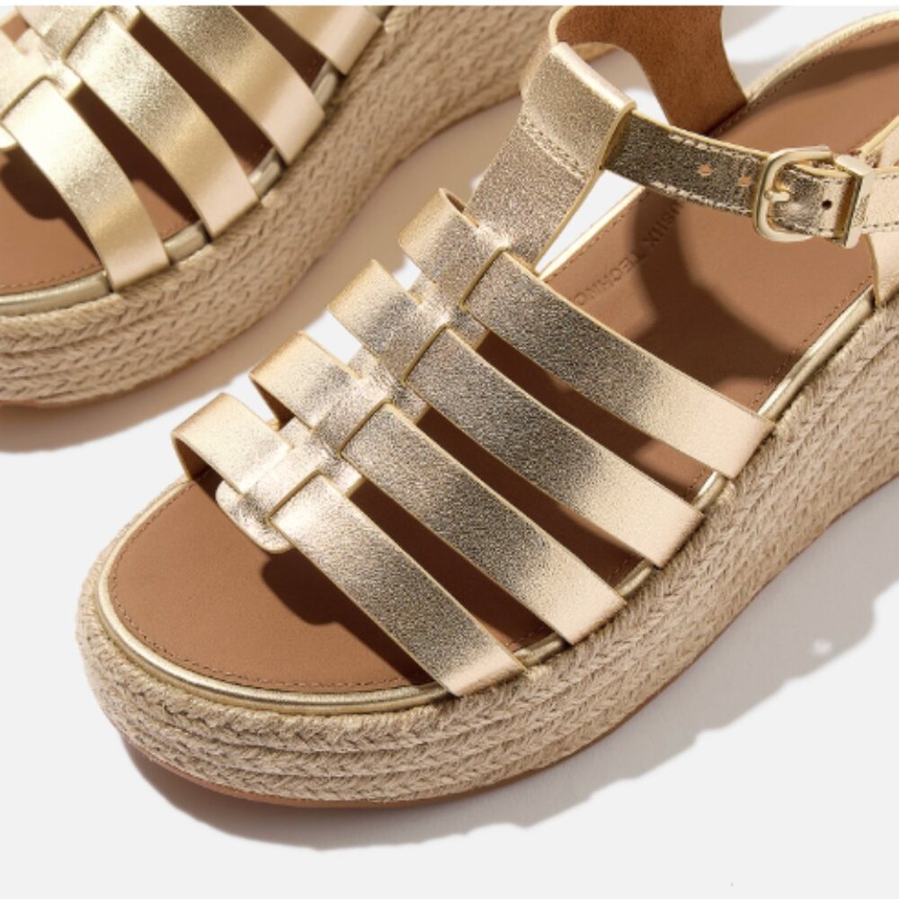 FitFlop Platforms Espadrille Metallic Gold Leather Wedge Sandals Size 9